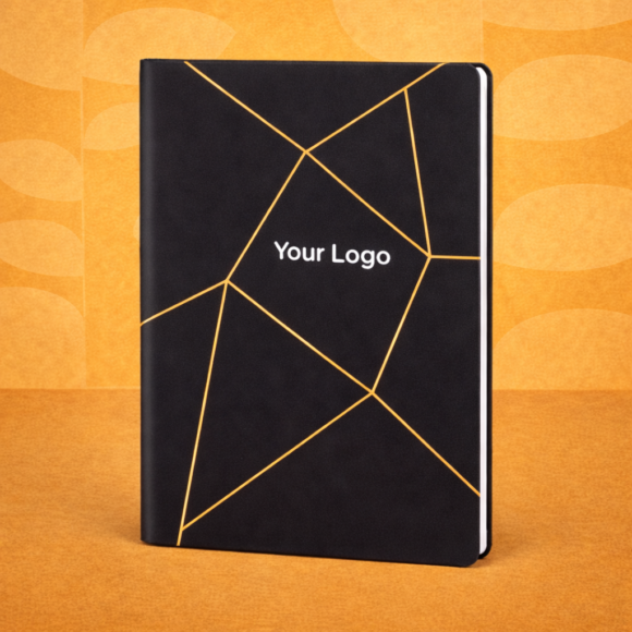 Black notebook with gold accents