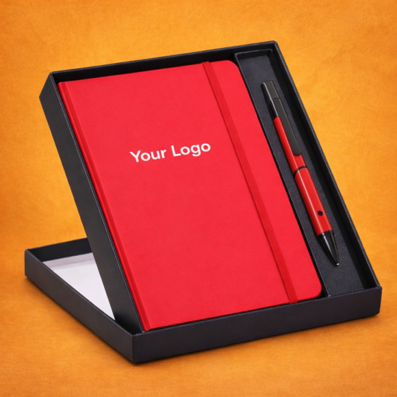 Red notebook and pen in gift box
