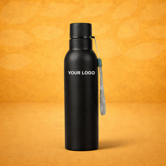 Sleek black water bottle on yellow background