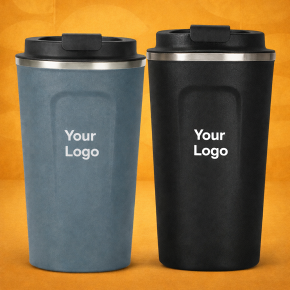 Travel mugs against warm orange backdrop