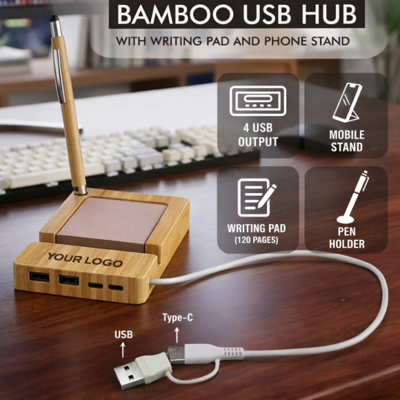 Bamboo USB hub with writing pad