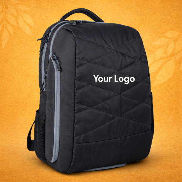Black backpack with logo on orange backdrop
