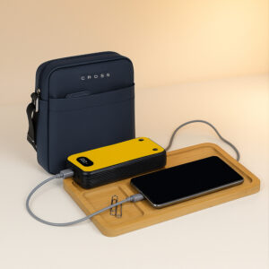 Cross Sling Bag & Bamboo Wireless Charging Pad Desktop Organizer
