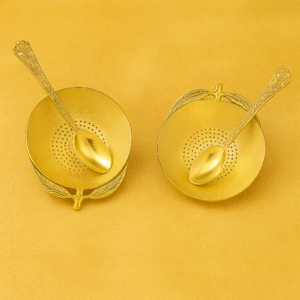 Gold Metal Bowl & Spoon Set (Elegant Leaf Design)