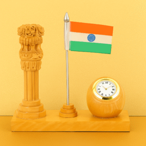 Luxury Collection – Wooden Ashoka Pillar Desk Set with Clock & Indian Flag