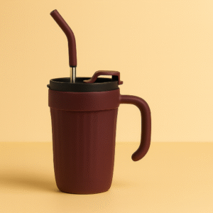 Insulated Travel Tumbler with Handle & Straw – Maroon Edition