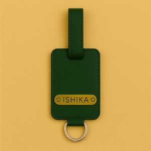 Personalized Leather Keychain Tag – Green & Gold Edition