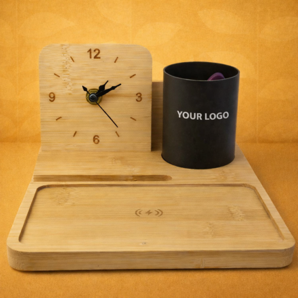 Bamboo desk organizer with clock and charger