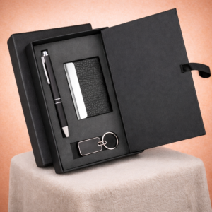 Compact 5 Pc Tan Gift Set: A5 Size Notebook, Metal Pen, Metal Pu Keychain, Metal Card Holder & Prism Steel Bottle