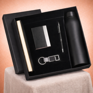 Compact 5 Pc Black Gift Set: A5 Size Notebook, Metal Pen, Metal Pu Keychain, Metal Card Holder & Straight Steel Bottle