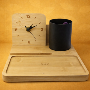 Bamboo Multi-Function Desk Organizer with Clock & Wireless Charger