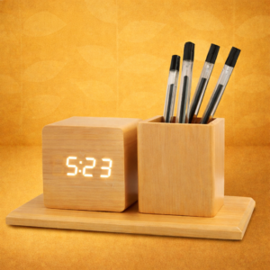 Pulse Wooden Digital Clock & Pen Holder Set