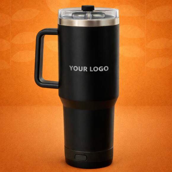 Custom engraved travel mug on display