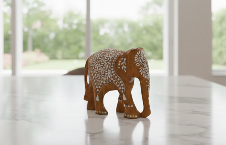 Handcrafted Wooden Elephant with White Inlay Work: A Timeless Symbol of Indian Craftsmanship