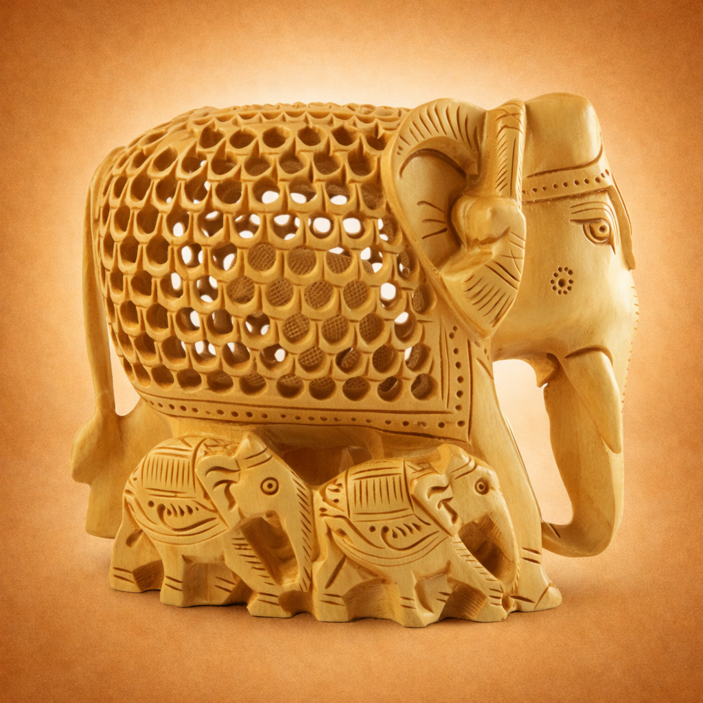 HANDICRAFT-ELEPHANT-UNDERCUT-WITH-BABY-KADAM-WOOD-4-INCH