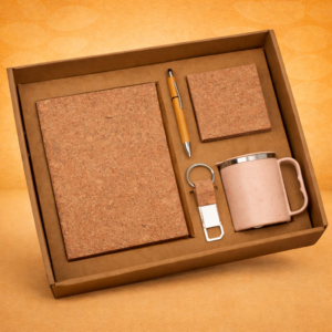 EcoSet 2: Set of A5 Cork notebook, Eco Steel mug, Bamboo Pen, Cork Keychain & Cork Sticky notepad in Kraft Gift Box