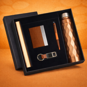 Compact 5 Pc Tan Gift Set: A5 Size Notebook, Metal Pen, Metal Pu Keychain, Metal Card Holder & Prism Steel Bottle