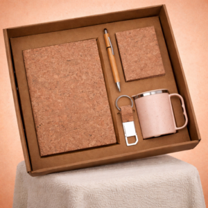 EcoSet 2: Set of A5 Cork notebook, Eco Steel mug, Bamboo Pen, Cork Keychain & Cork Sticky notepad in Kraft Gift Box