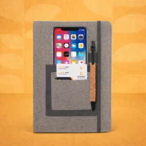 A5 notebook with mobile pocket, card holder pocket & pen loop