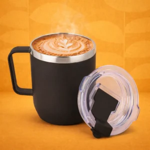 Oscar: Stainless Steel coffee mug with handle | Premium clear cap with flip top lid | Leak Proof | Capacity 350ml approx