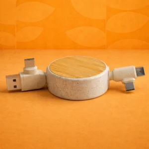 TidyCord Zen: Retractable Fast Charging cable with Data function in Wheat Straw material with Bamboo plate | Dual Input