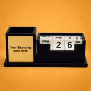 Wooden Pen Stand with Lit Branding & Perpetual Calendar