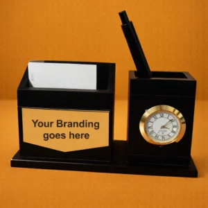 Wooden Desk Organizer with Quartz Clock & Card Holder