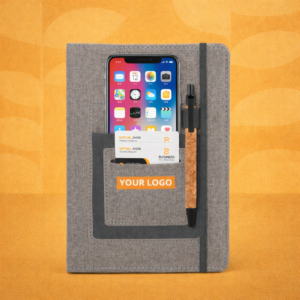 A5 notebook with mobile pocket, card holder pocket & pen loop
