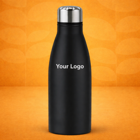 Sleek black bottle with logo design